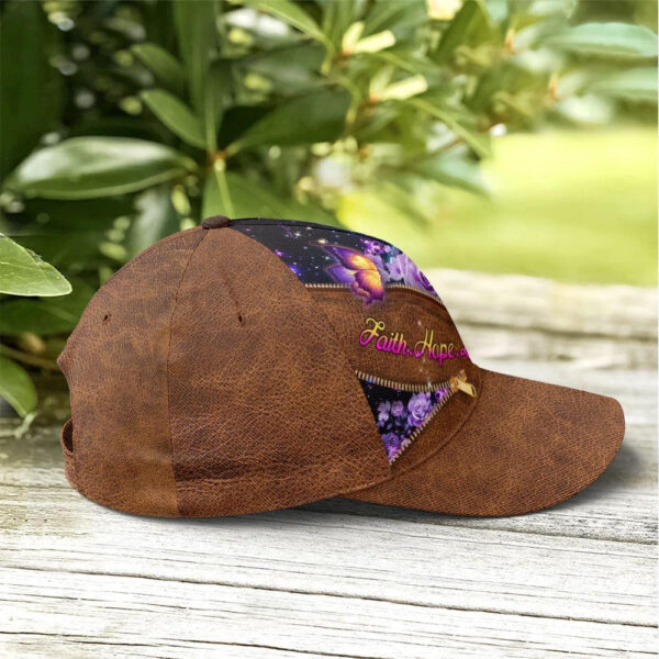 Christian Baseball Cap, Faith Hope Love Magical Butterfly Purple Roses Leather Style Baseball Cap