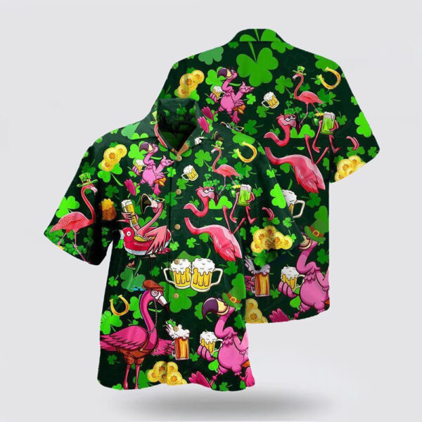 St. Patrick's Day Hawaiian Shirt with Pink Flamingos & Beer Pattern