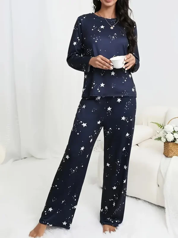 Star Print Casual Pajama Set, Long Sleeve Round Neck Top & Pants 1 Star Print Casual Pajama Set, Long Sleeve Round Neck Top & Pants