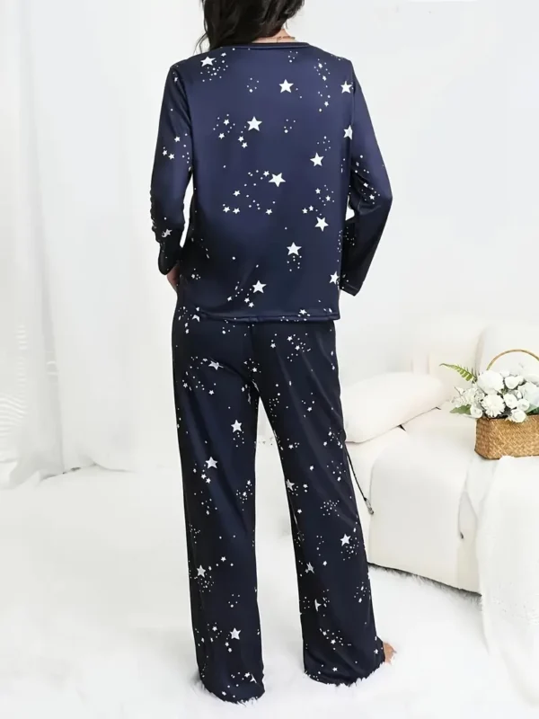 Star Print Casual Pajama Set, Long Sleeve Round Neck Top & Pants 2 Star Print Casual Pajama Set, Long Sleeve Round Neck Top & Pants