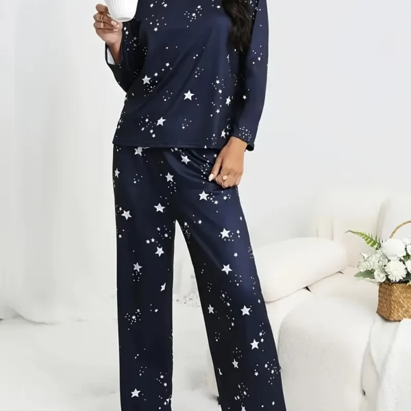 Star Print Casual Pajama Set, Long Sleeve Round Neck Top & Pants Star Print Casual Pajama Set, Long Sleeve Round Neck Top & Pants