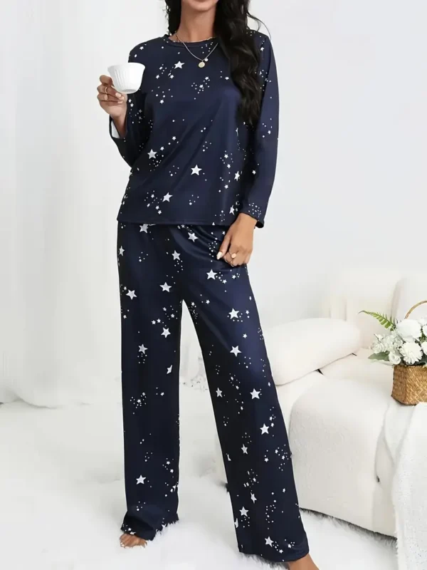 Star Print Casual Pajama Set, Long Sleeve Round Neck Top & Pants Star Print Casual Pajama Set, Long Sleeve Round Neck Top & Pants
