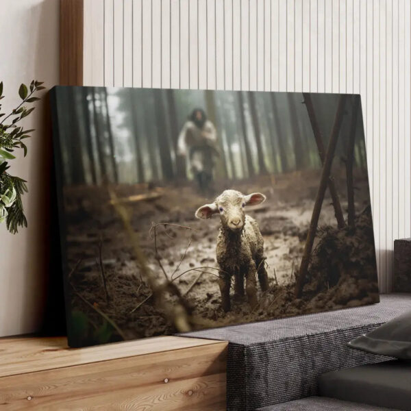 Jesus Running After a Lost Lamb, Jesus and Lamb Picture, Wall Art Canvas & Poster