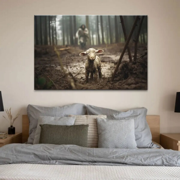 Jesus Running After a Lost Lamb, Jesus and Lamb Picture, Wall Art Canvas & Poster