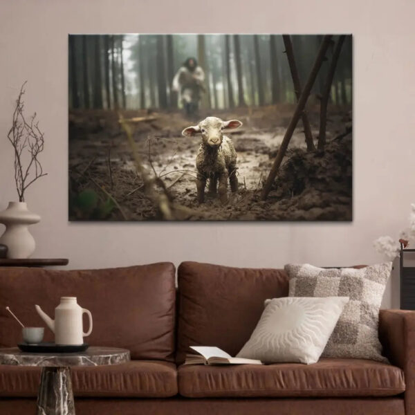 Jesus Running After a Lost Lamb, Jesus and Lamb Picture, Wall Art Canvas & Poster